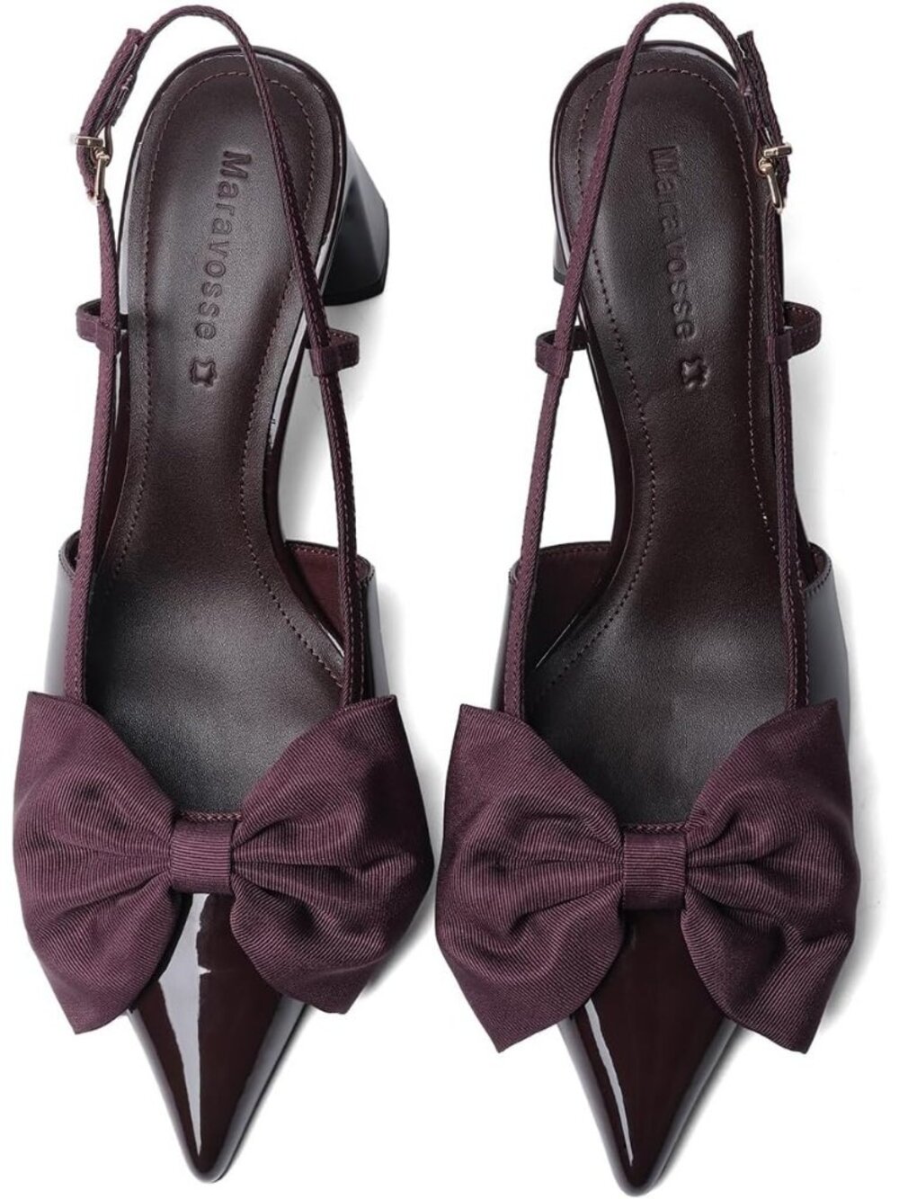 Womens Burgundy Bow Pointed Toe Pump 2.8" Thick Chunky Buckle Strap Mid Low Heel - Picture 4 of 6